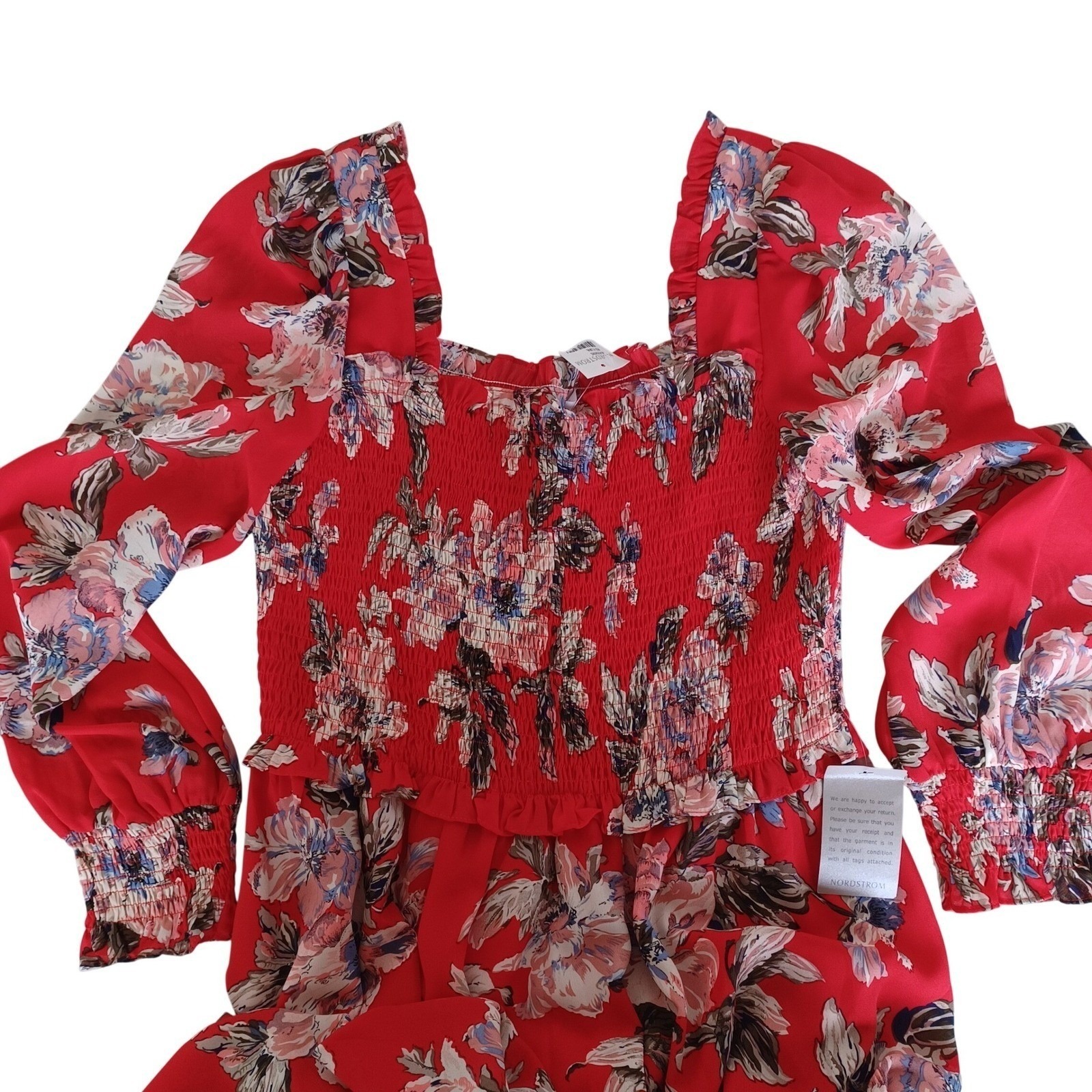 Chelsea28 Red Floral Smocked Bodice Midi Dress Long Sleeve Xxl Nwt Nordstrom — image 4 of 8